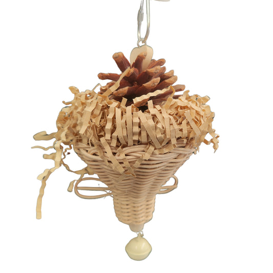pine cone on top of a rattan cone bird toy