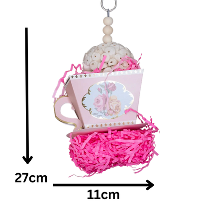 Measurements - Bright and fun for your medium size birds to get their beaks in and have a chewing good time. Add some colour and joy to your bird's playtime with this Pink Tea Cup Bird Toy. Let your medium sized birds enjoy hours of entertainment while they exercise their beaks and improve their chewing skills. Measures 11cm x 27cm