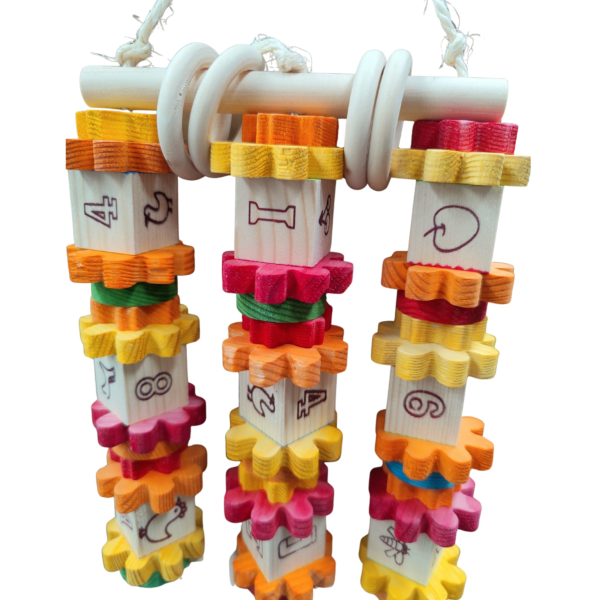 close up of the coloured play block bird toy