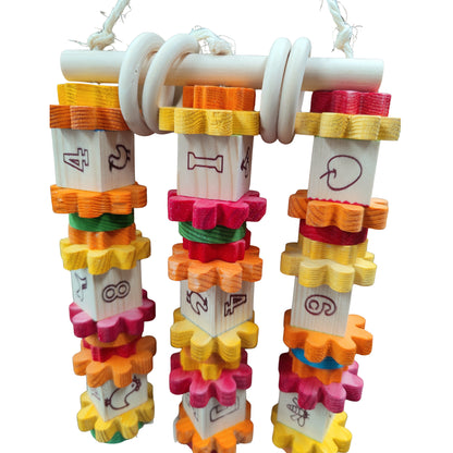 close up of the coloured play block bird toy