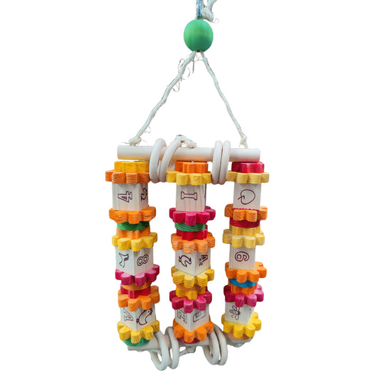 wood play blocks with coloured wood flowers bird toy