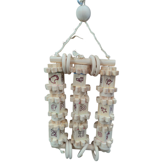 natural play blocks hung in three rows connected by a natural stick top and bottom