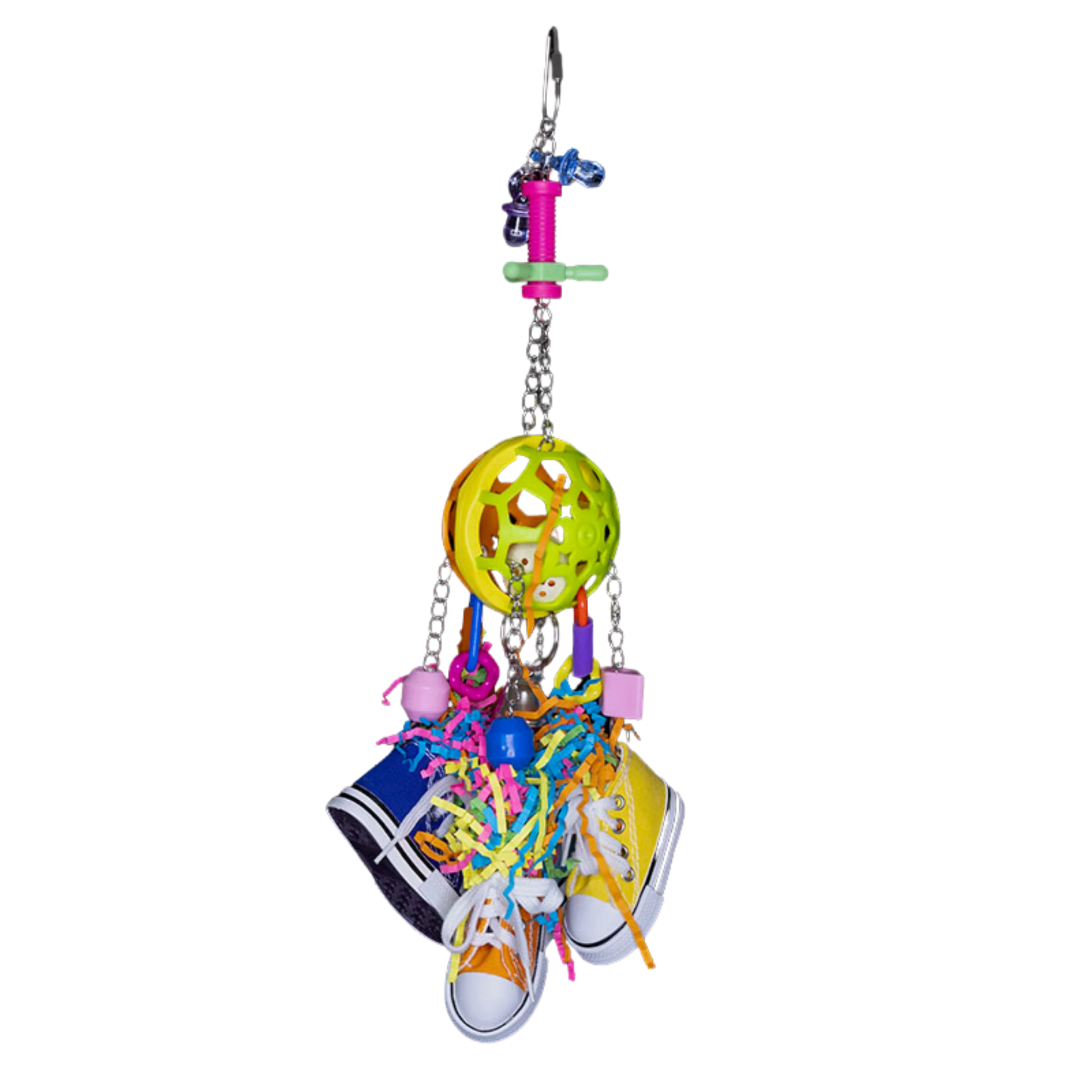 Hanging Rubber Ball with four shoes hanging from the ball. Medium size birds get really excited and entertained when playing with the shoes.