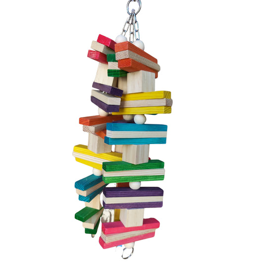Colorful wooden bird toy with stacked blocks 