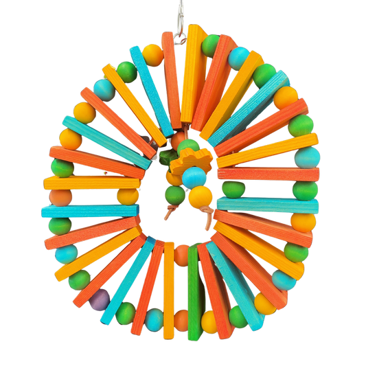 Ring of coloured wood balls and blocks bird toy
