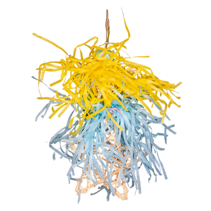 Cane Ball & Star Bird Toy. A cane ball overflowing with paper, sitting atop a cane star—perfect for small birds to pull, chew, and enjoy for hours. Size: 9 cm x 26 cm