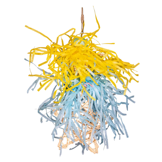 Cane Ball & Star Bird Toy. A cane ball overflowing with paper, sitting atop a cane star—perfect for small birds to pull, chew, and enjoy for hours. Size: 9 cm x 26 cm