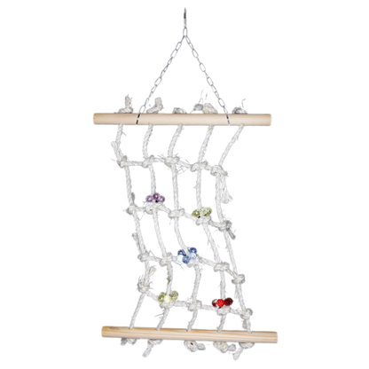 Hanging net bird toy with beads. Hang from the roof of your cage or you can hang like a hammock but you will need to secure the bottom to your cage to be able to use as a hammock. 30*38cm