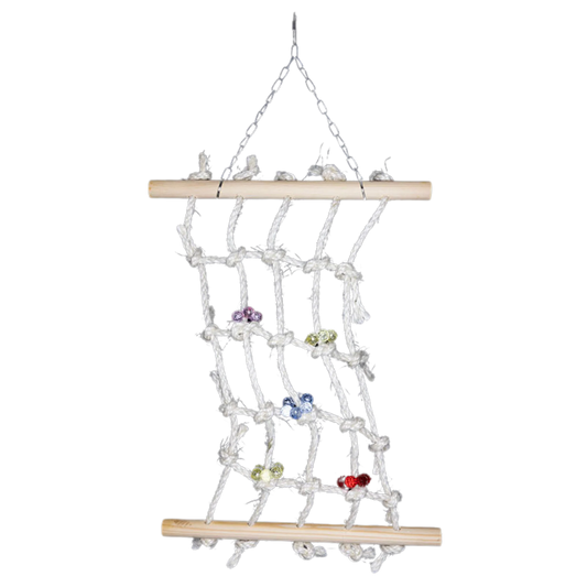 Hanging net bird toy with beads. Hang from the roof of your cage or you can hang like a hammock but you will need to secure the bottom to your cage to be able to use as a hammock. 30*38cm