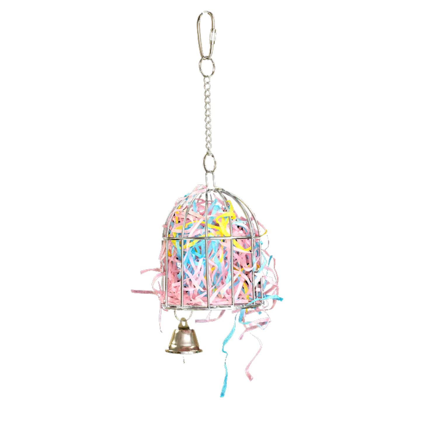 Small Forage Cage Bird Toy. Encourage natural foraging instincts with this engaging toy, made with a nickel-plated chain and quick link for easy hanging. Great for mental stimulation and physical activity. Size: 18 cm H x 8 cm L