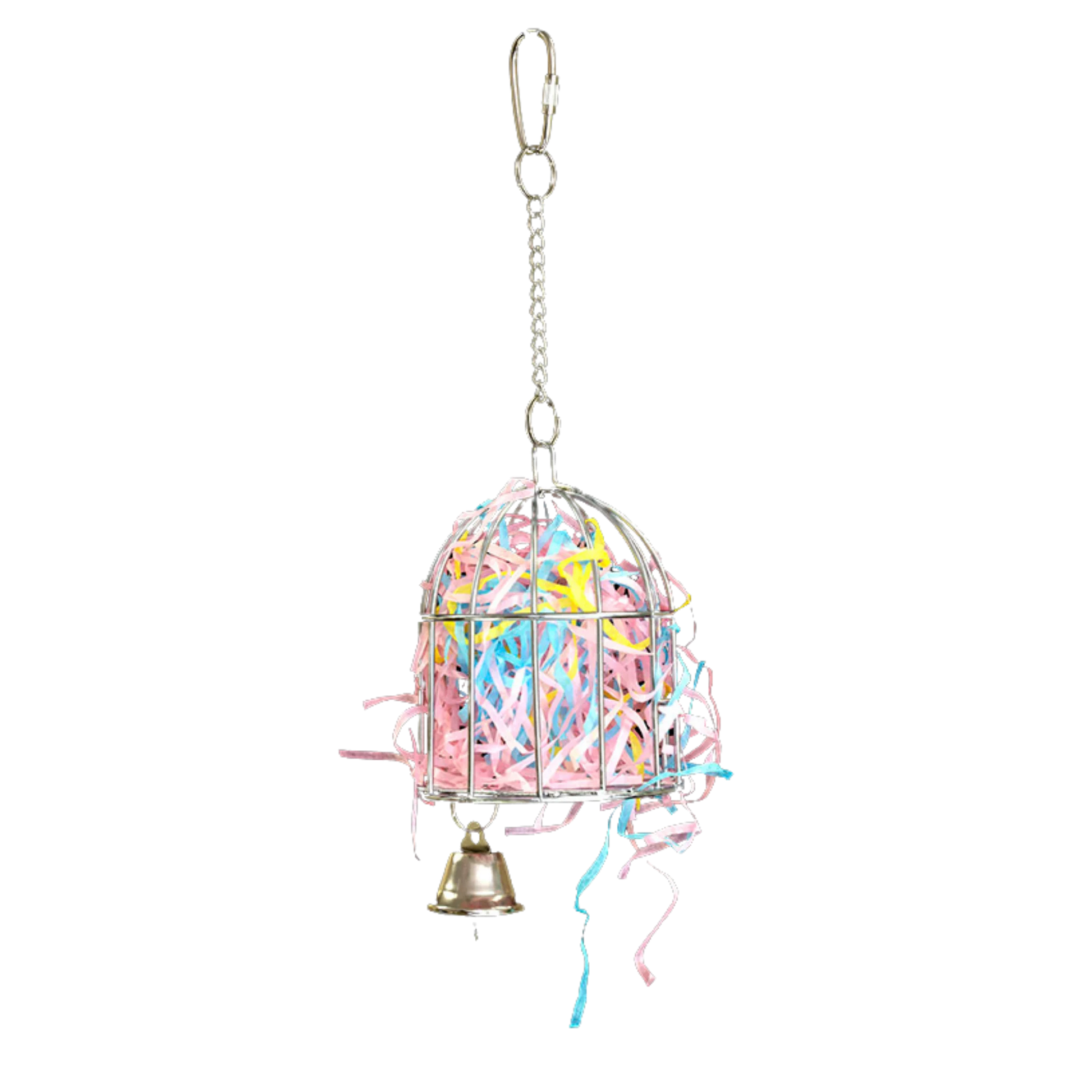 Small Forage Cage Bird Toy. Encourage natural foraging instincts with this engaging toy, made with a nickel-plated chain and quick link for easy hanging. Great for mental stimulation and physical activity. Size: 18 cm H x 8 cm L