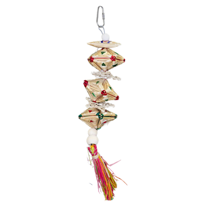 Three small cane pinatas bird toy with a tassel. A small compact chewable bird toy suitable for the smaller birds.