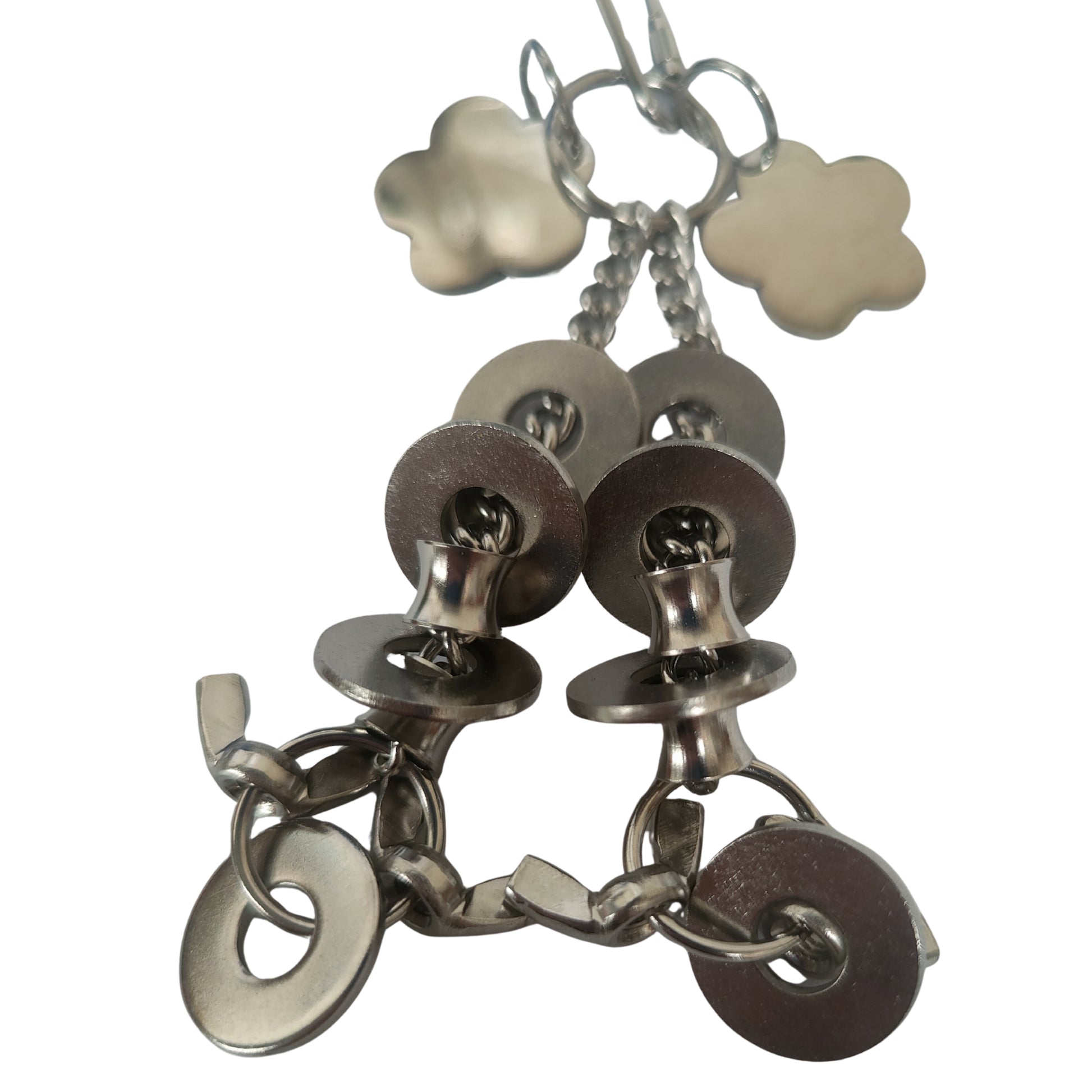 close up of the stainless steel flowers and rings bird toy