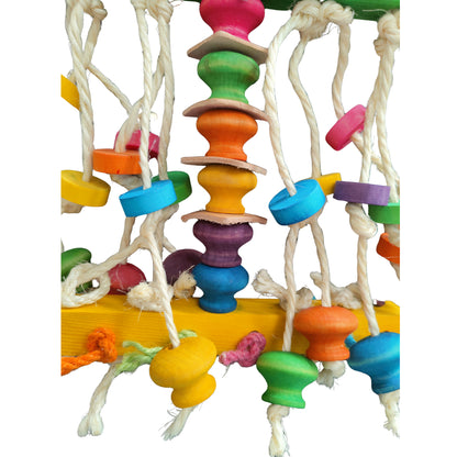 close up of the shaggy blocks bird toy