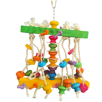 sisal ropes with coloured wood pieces hanging from the large wood block at the top of this bird toy