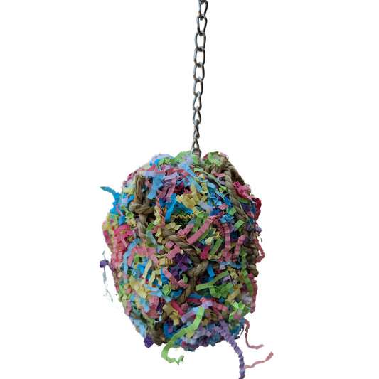 Natural rope ball filled with crinkle paper and wood blocks bird toy