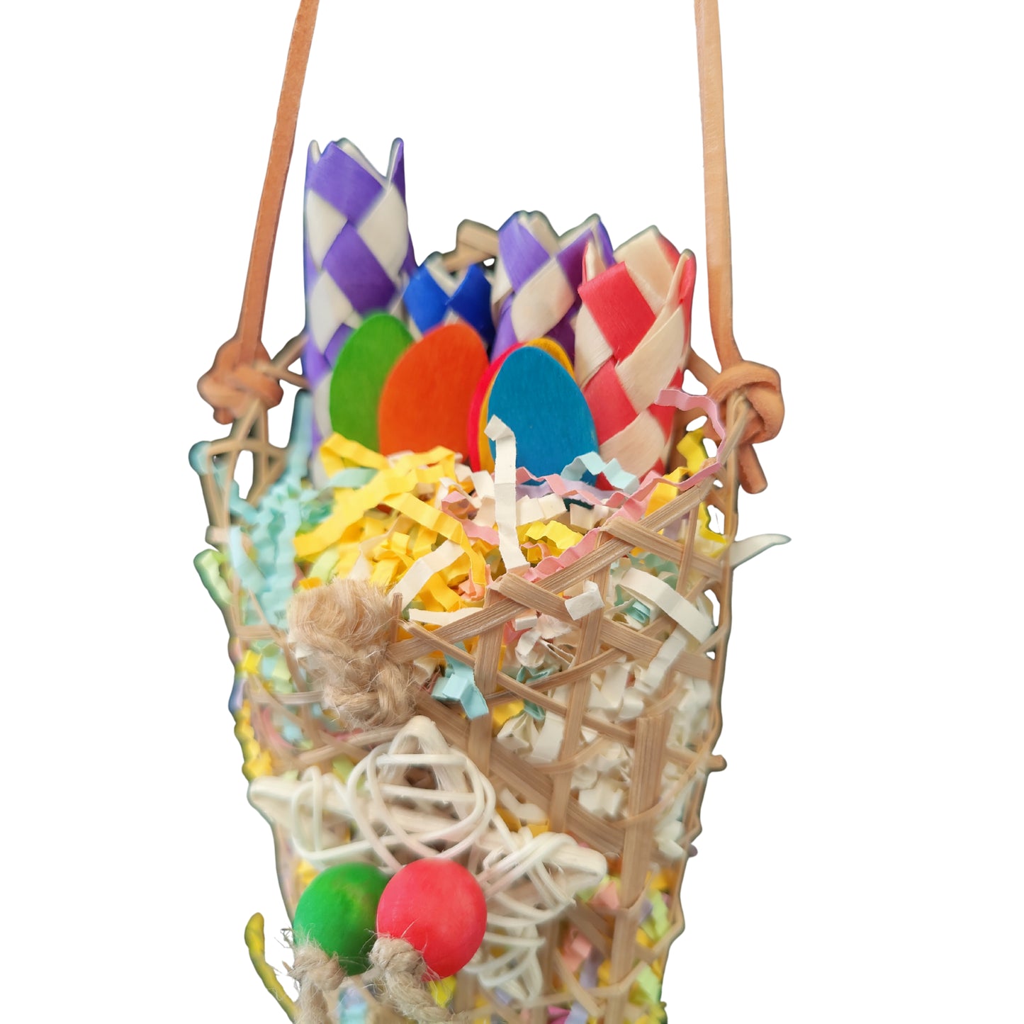 close up shredable finger trap bag bird toy