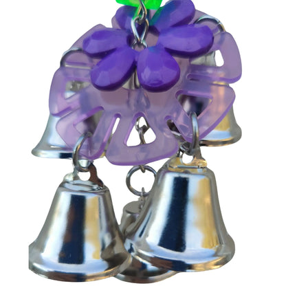 close up slanted dic with 5 bells bird toys