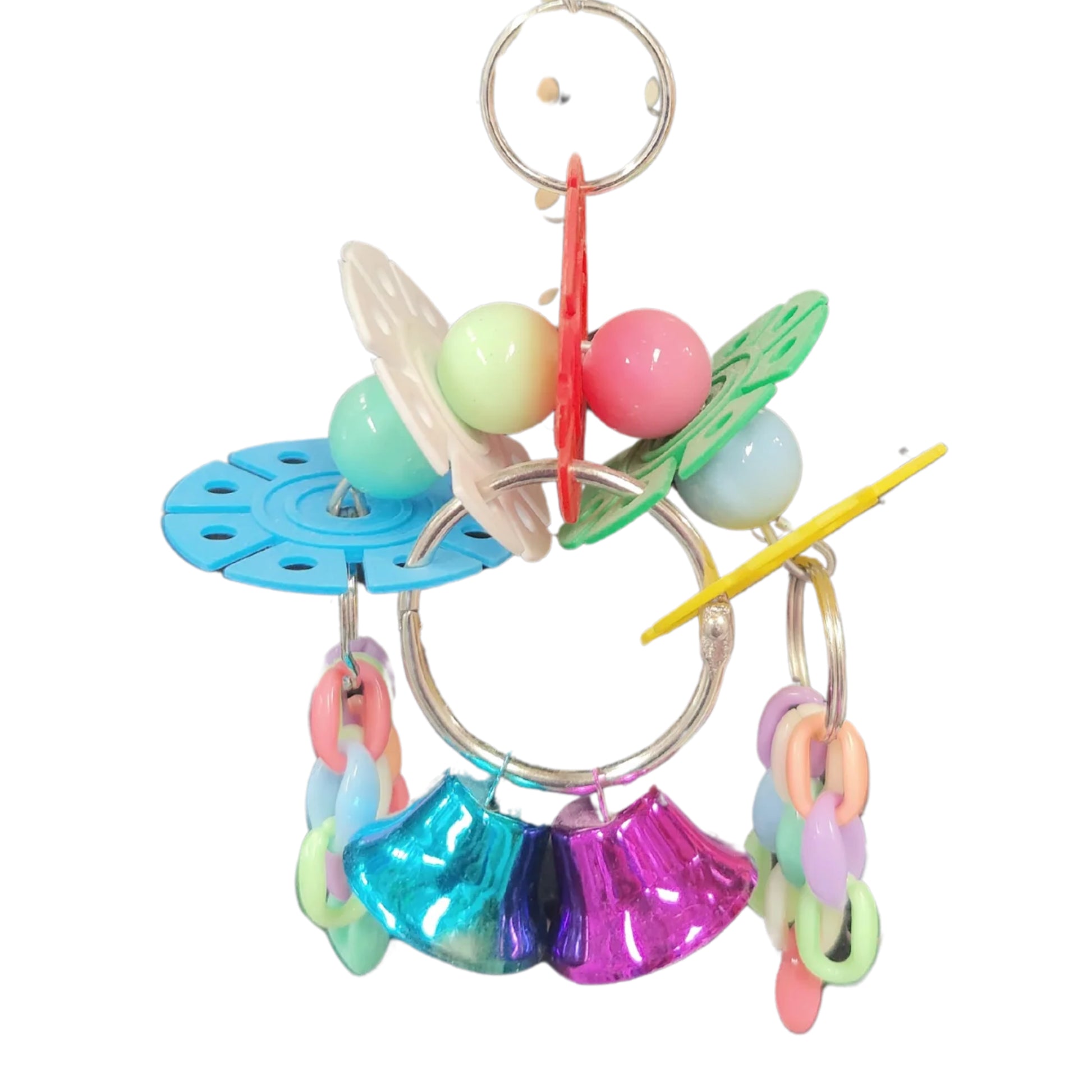 Closeup - Small Discs and Beads Bird Toy. Designed for little birds, this toy features colourful discs, beads, and chains for interactive play, plus two bells for added sound stimulation. A fun and engaging choice to keep your bird entertained. Size: 20 cm