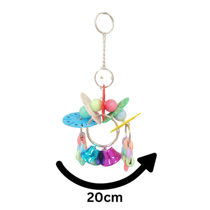 Measurements - Small Discs and Beads Bird Toy. Designed for little birds, this toy features colourful discs, beads, and chains for interactive play, plus two bells for added sound stimulation. A fun and engaging choice to keep your bird entertained. Size: 20 cm