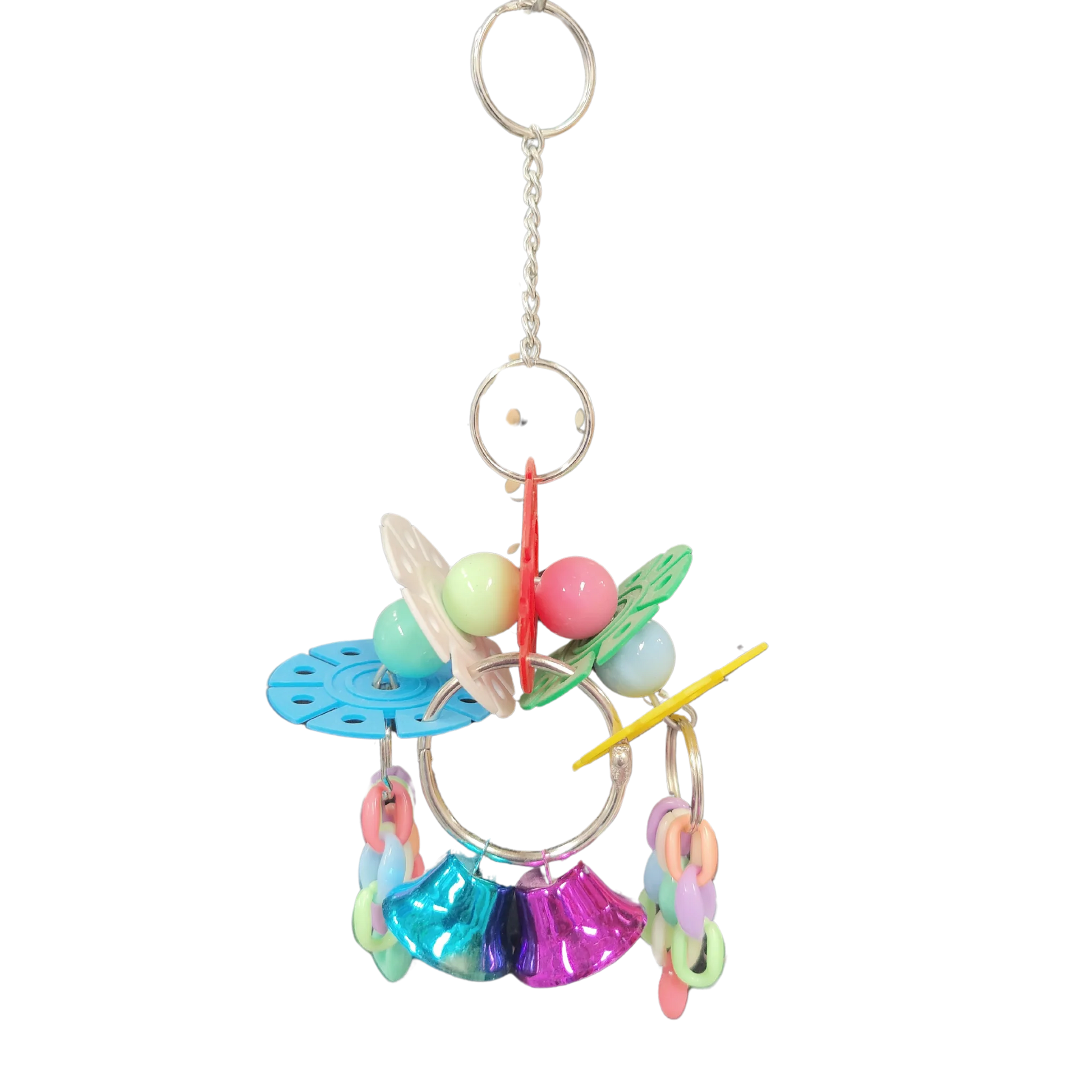 Small Discs and Beads Bird Toy. Designed for little birds, this toy features colourful discs, beads, and chains for interactive play, plus two bells for added sound stimulation. A fun and engaging choice to keep your bird entertained. Size: 20 cm