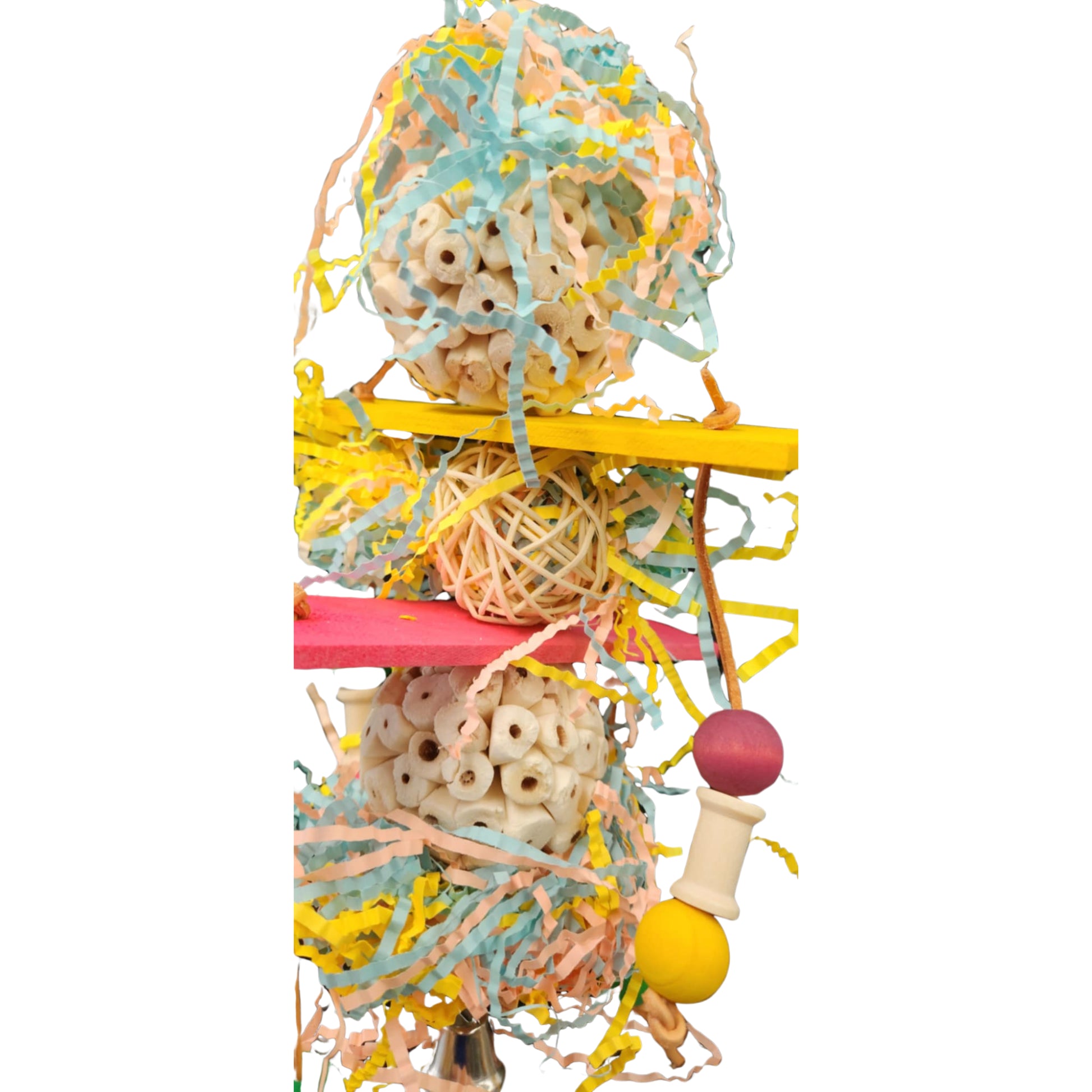 close up of the sola balls dangle bird toy