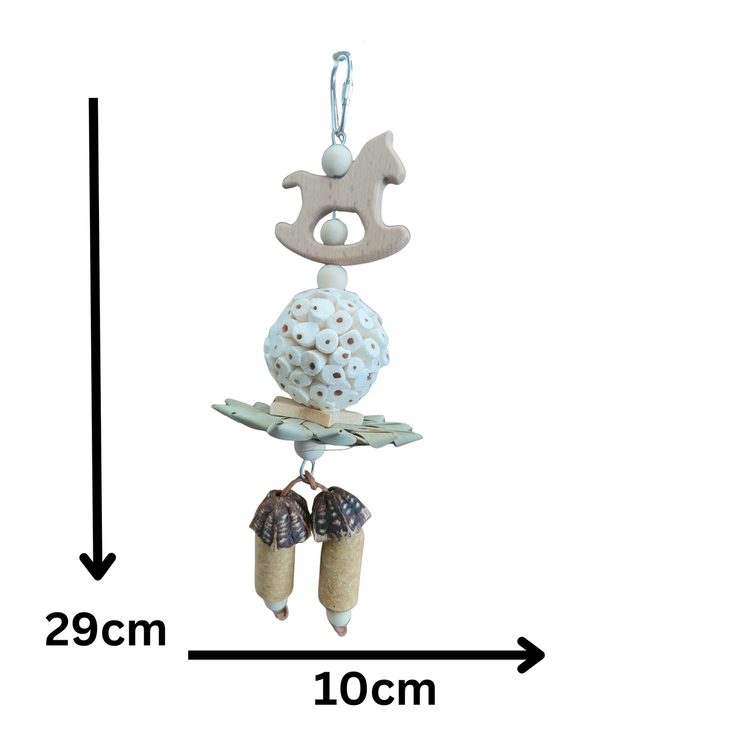 measurements of the sola ball and rocking horse bird toy