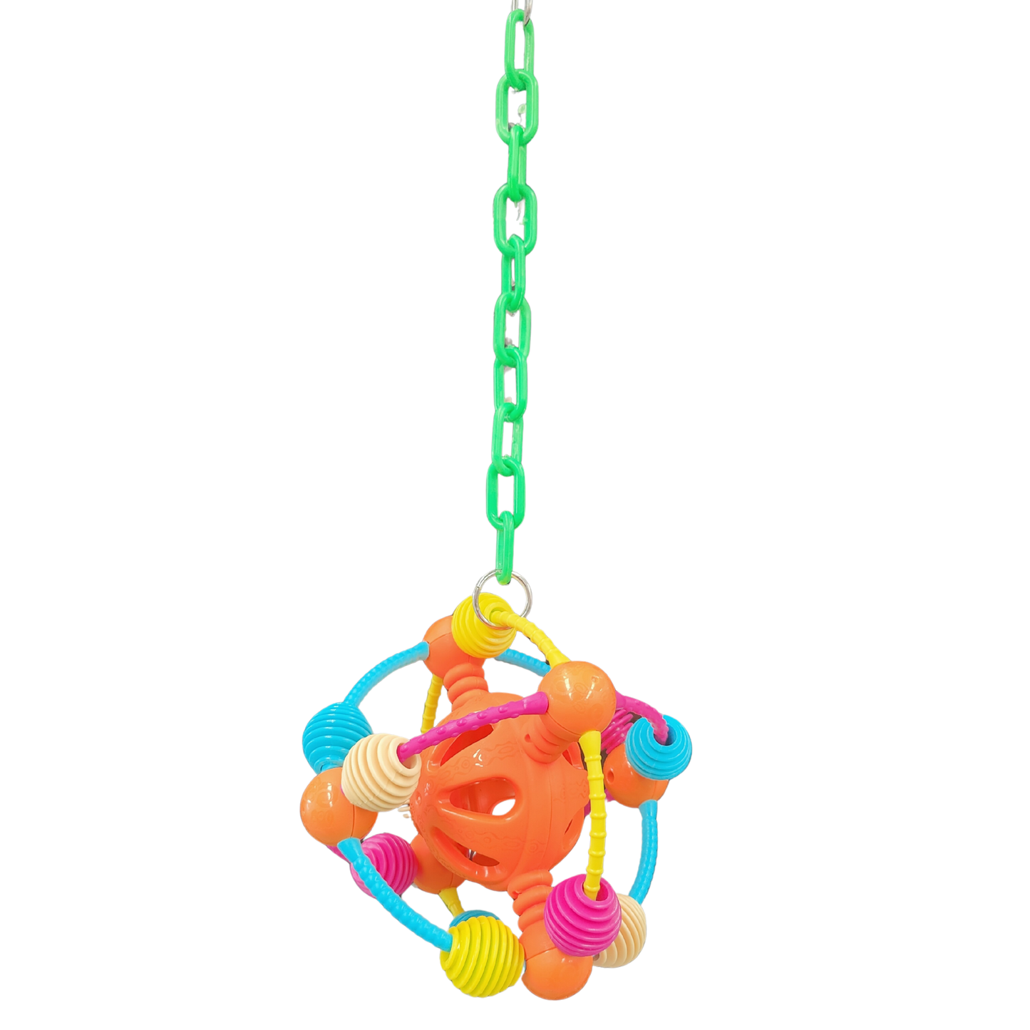 Hanging on a plastic chain is a space odyssey ball bird toy
