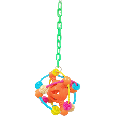Hanging on a plastic chain is a space odyssey ball bird toy