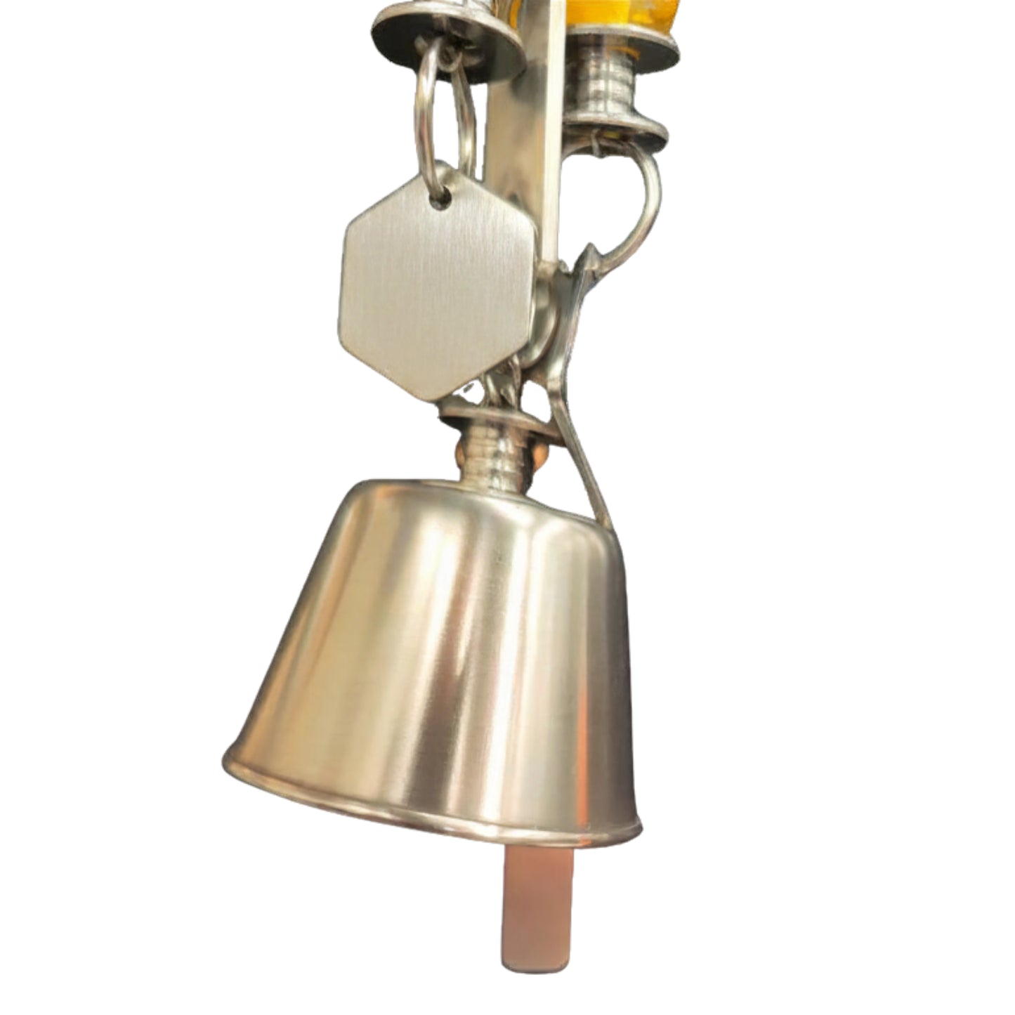 close up of the bell on the stainless steel pull with bell bird toy