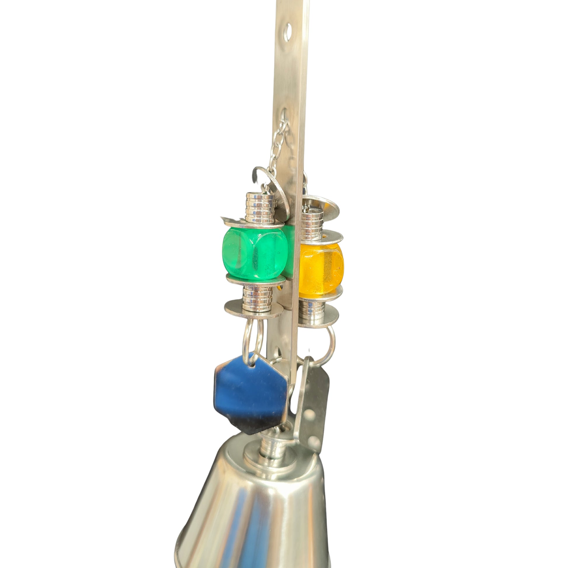 close up of the stainless steel pull with bell bird toy
