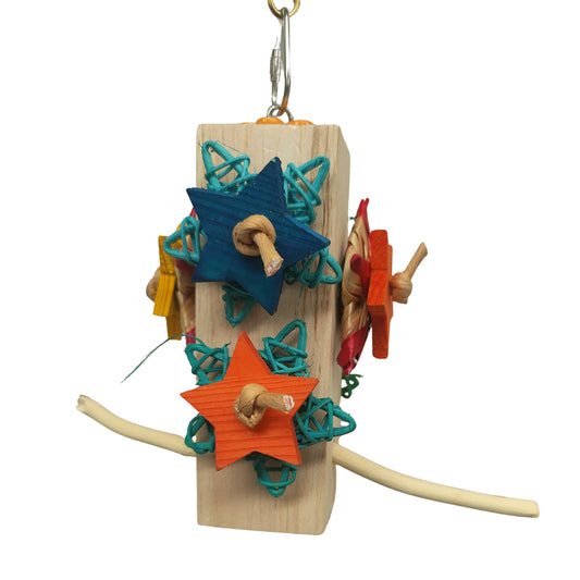 Colorful bird toy with wooden structure small perch and wood and cane stars