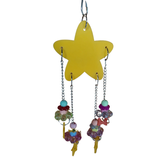 Stars and Chains Bird Toys. Acrylic yellow star with chains and beads coming from it. This toy features a durable acrylic yellow star that's designed to provide endless entertainment for your feathered friend. The chains and beads add a fun element to keep your bird stimulated and engaged, making it a valuable addition to any bird's toy collection. Suitable for small and medium size birds. 25*7cm,