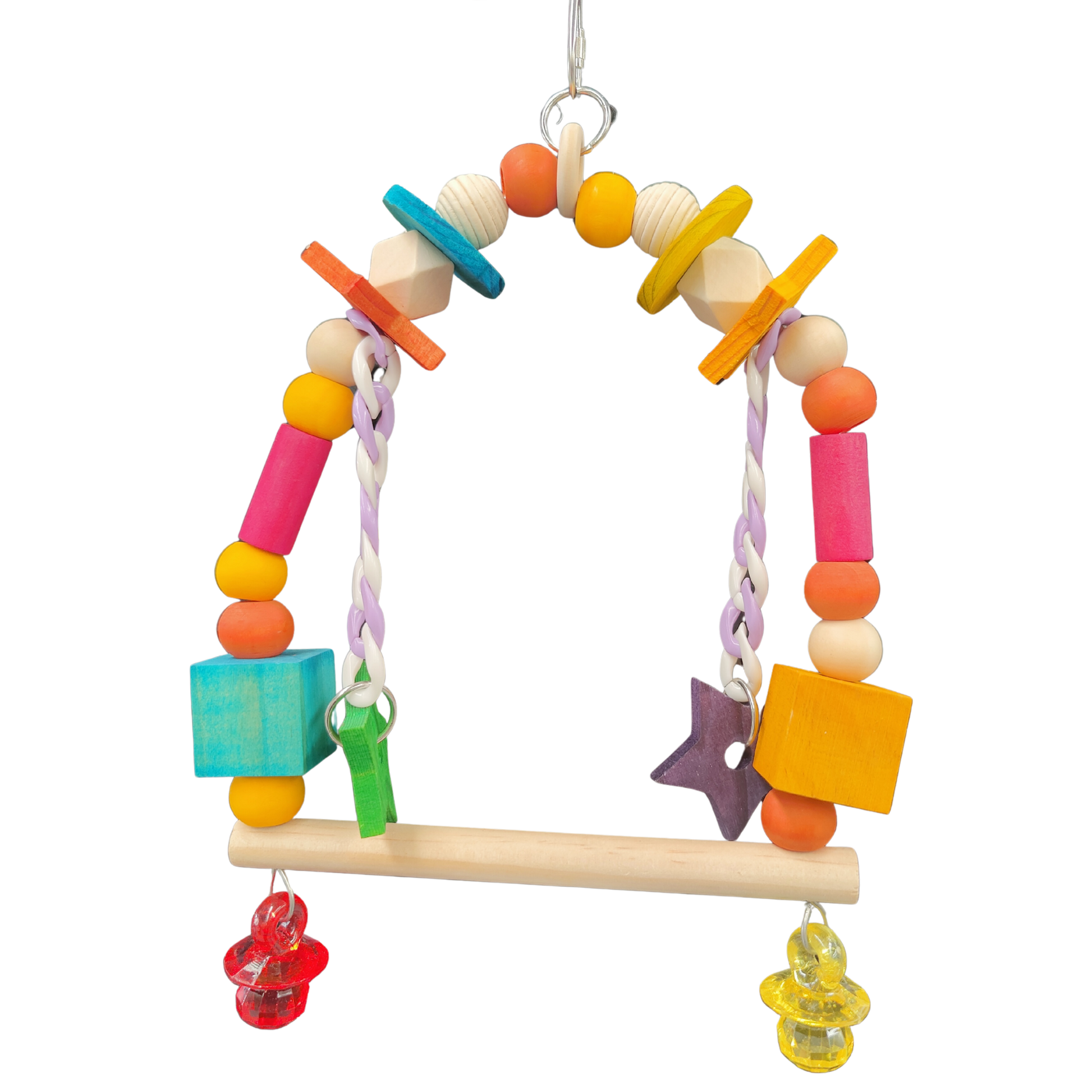 Colorful Swing bird toy with wooden bar, wood beads, and hanging wood stars