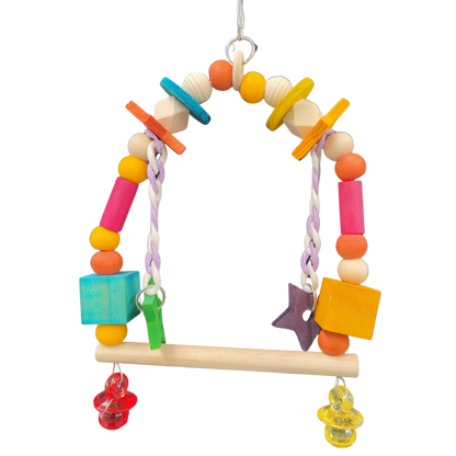 Colorful Swing bird toy with wooden bar, wood beads, and hanging wood stars
