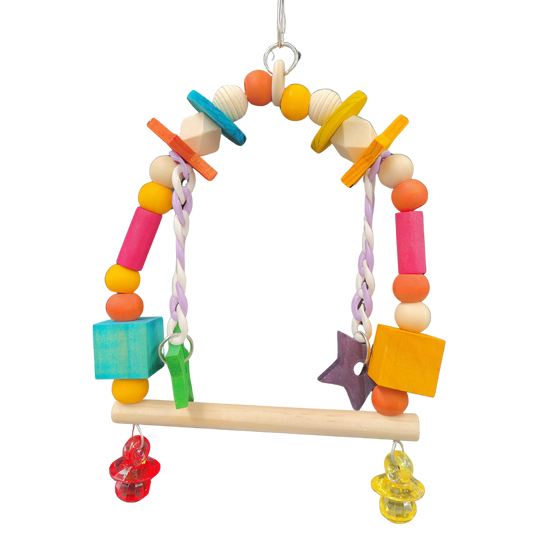 Colorful Swing bird toy with wooden bar, wood beads, and hanging wood stars