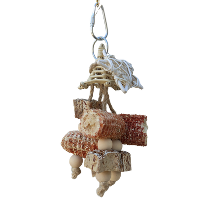 bird toy with rattan hat, rattan star corn bobs and mahogany slices