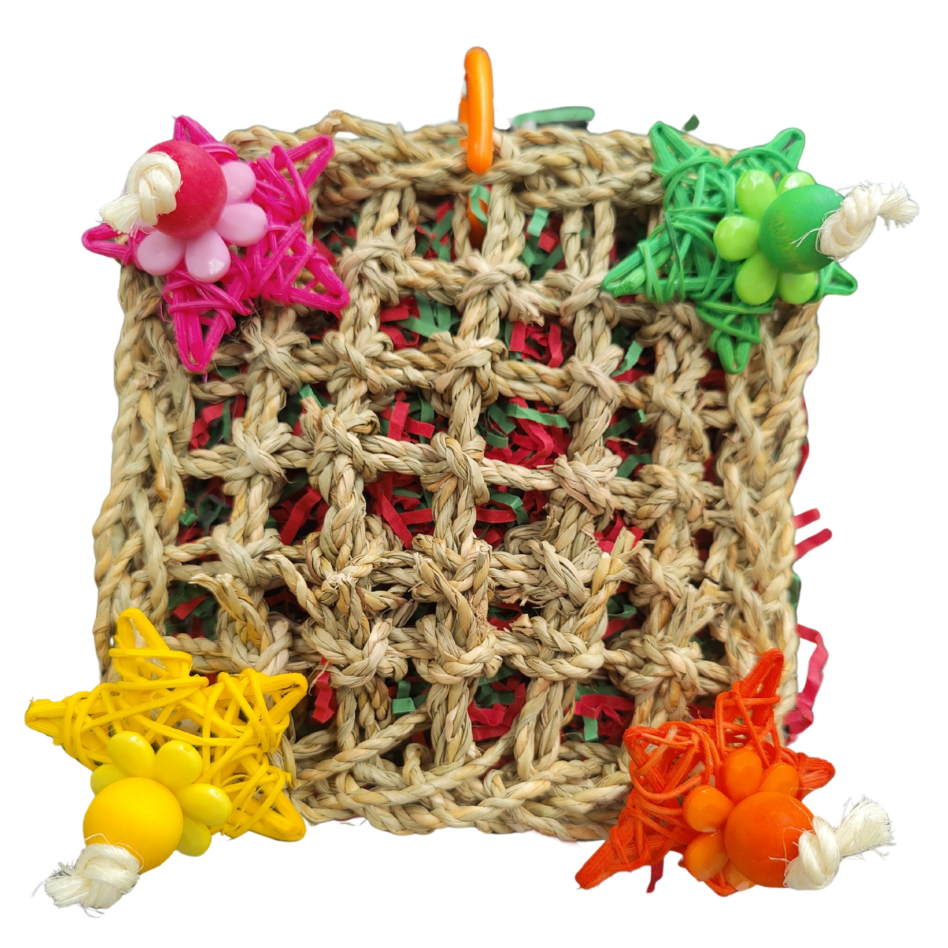 4 cane stars on a stitched seagrass mat filled with crinkle paper bird toy