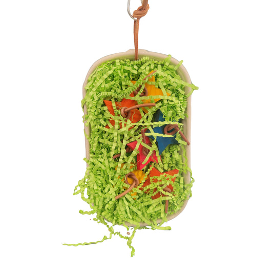 bird toy with wood stars in a tray