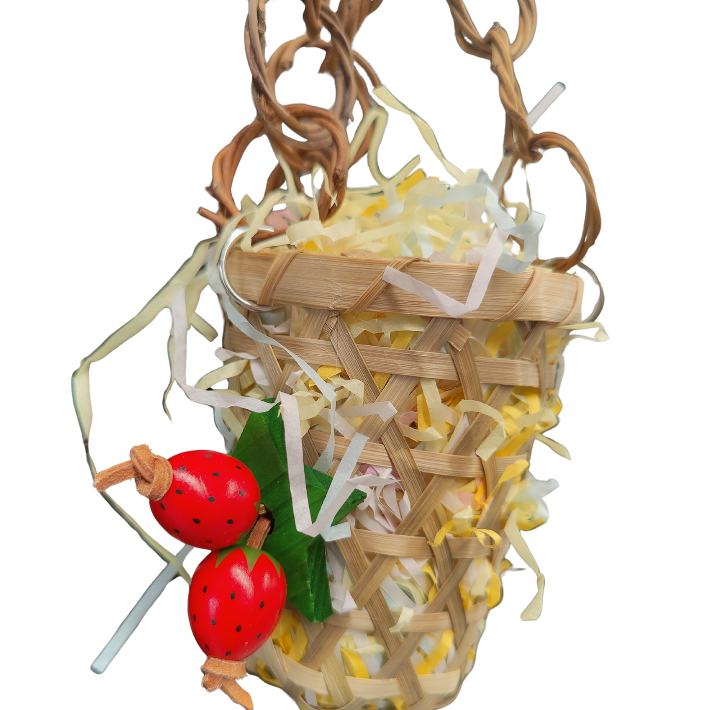 close up of the cane haning basket with strawberry bird toy