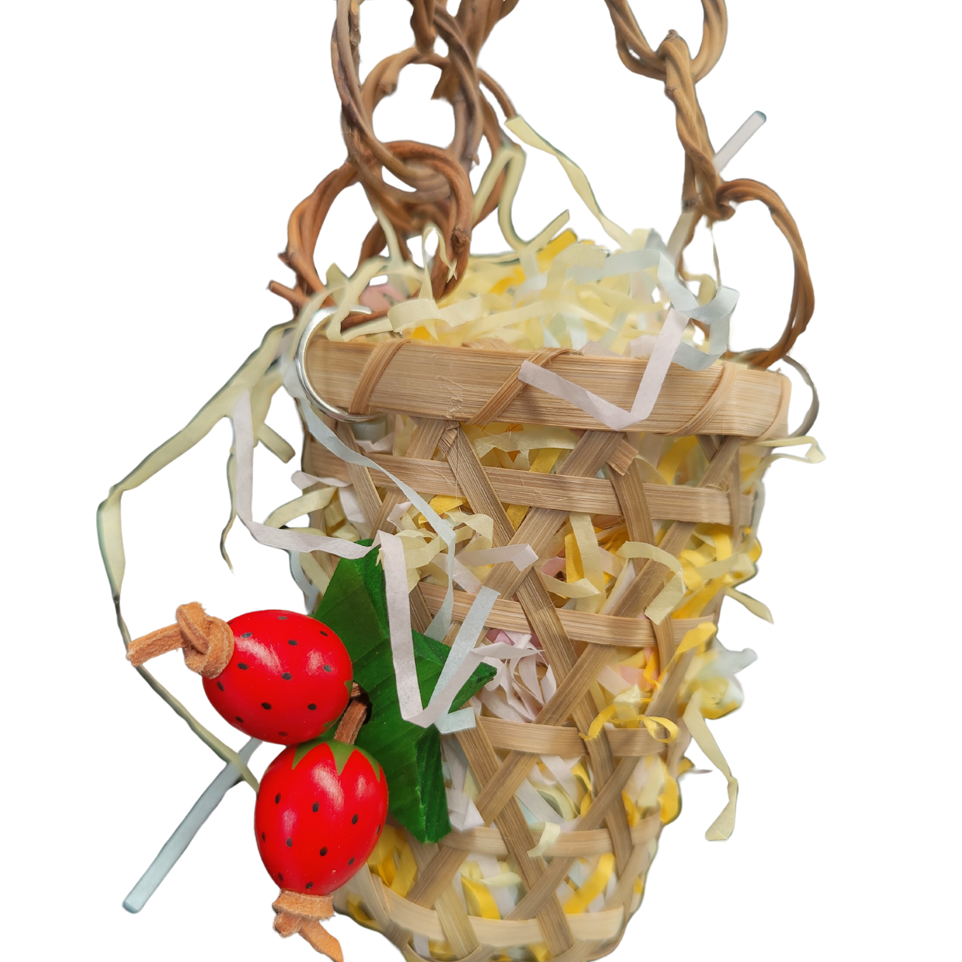 close up of the cane haning basket with strawberry bird toy
