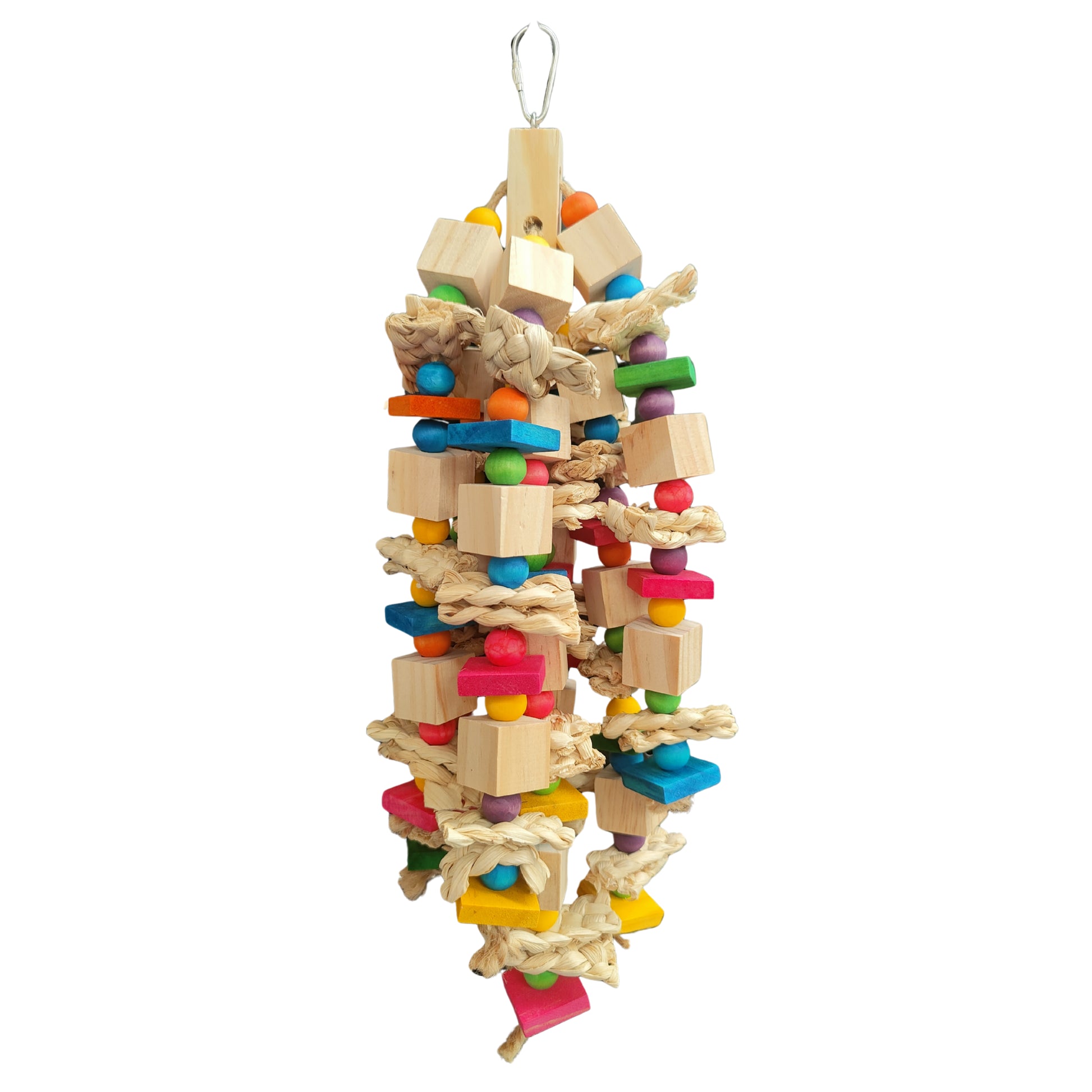 colourful bird toy made with natural wood blocks and coloured wood beads and slats