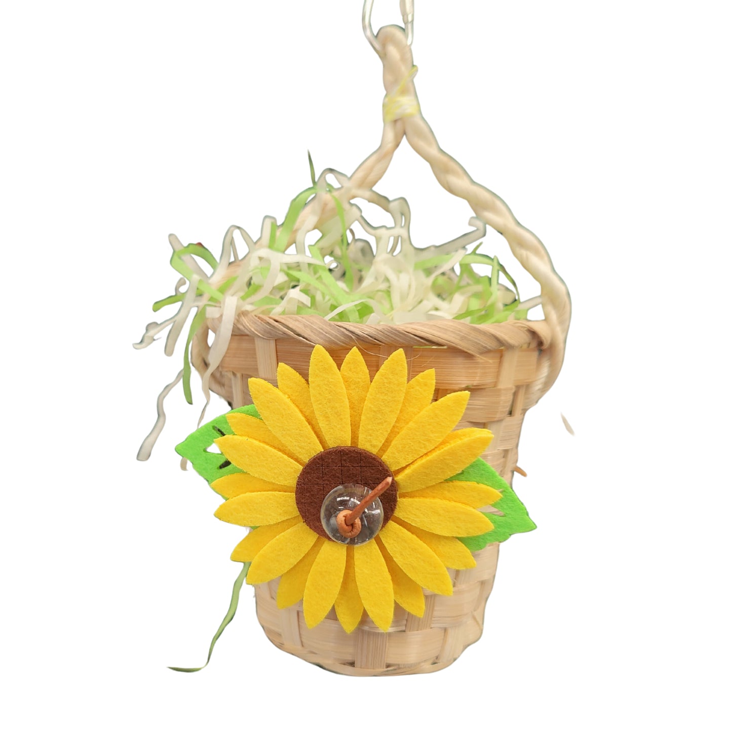 Hanging sunflower pot with shred paper bird toy