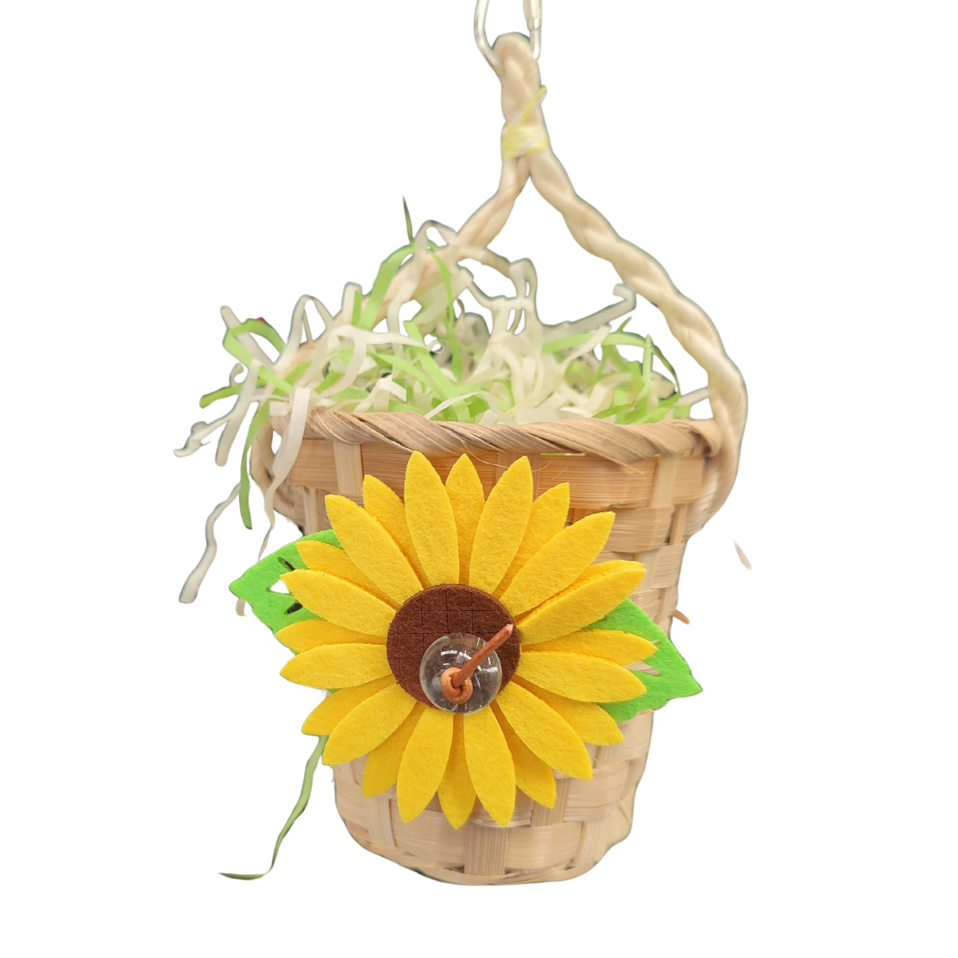 Hanging sunflower pot with shred paper bird toy