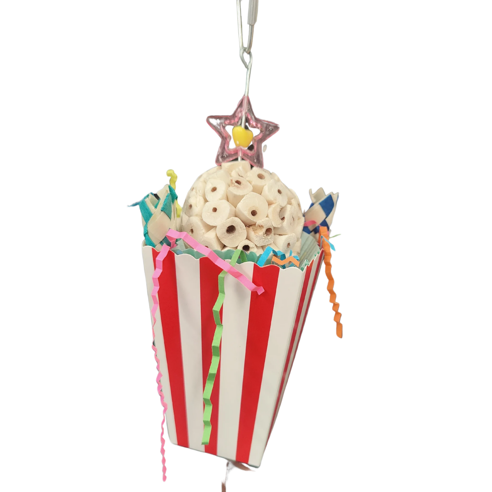 Red and white box with paper, finger traps and a sola ball in it. All hanging from a wire with a quick link at the top to connect to your bird cage. Your medium size birds will have fun foraging and chewing this shredable bird toy.