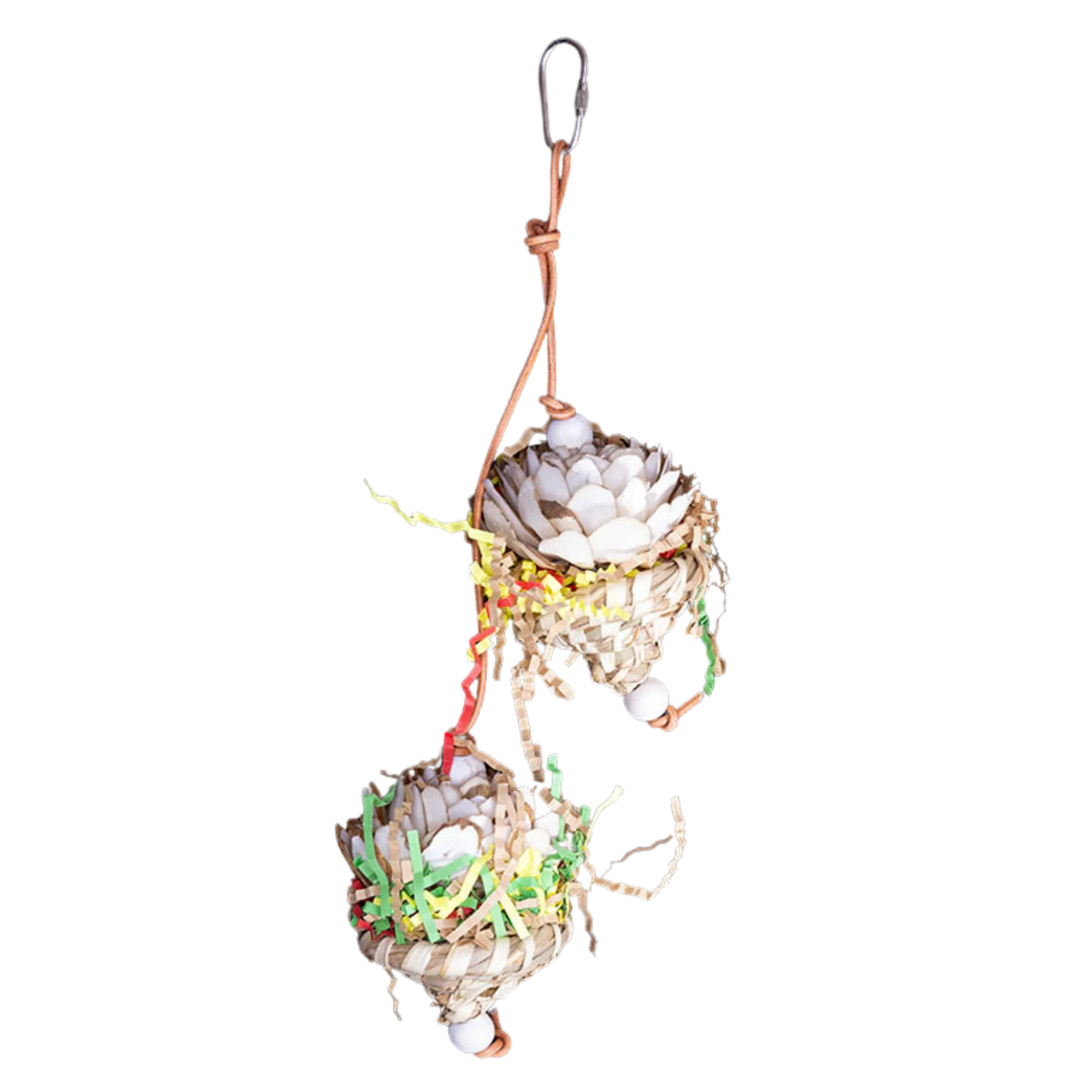 Featuring two wooden roses in a small palm weave cup, this toy hangs from a leather cord with a quick link for easy cage attachment. Perfect for medium-sized birds to enjoy peeling each wooden petal for hours of entertainment.

Size: 28 cm H x 10 cm L
