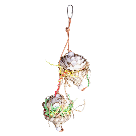 Featuring two wooden roses in a small palm weave cup, this toy hangs from a leather cord with a quick link for easy cage attachment. Perfect for medium-sized birds to enjoy peeling each wooden petal for hours of entertainment.

Size: 28 cm H x 10 cm L