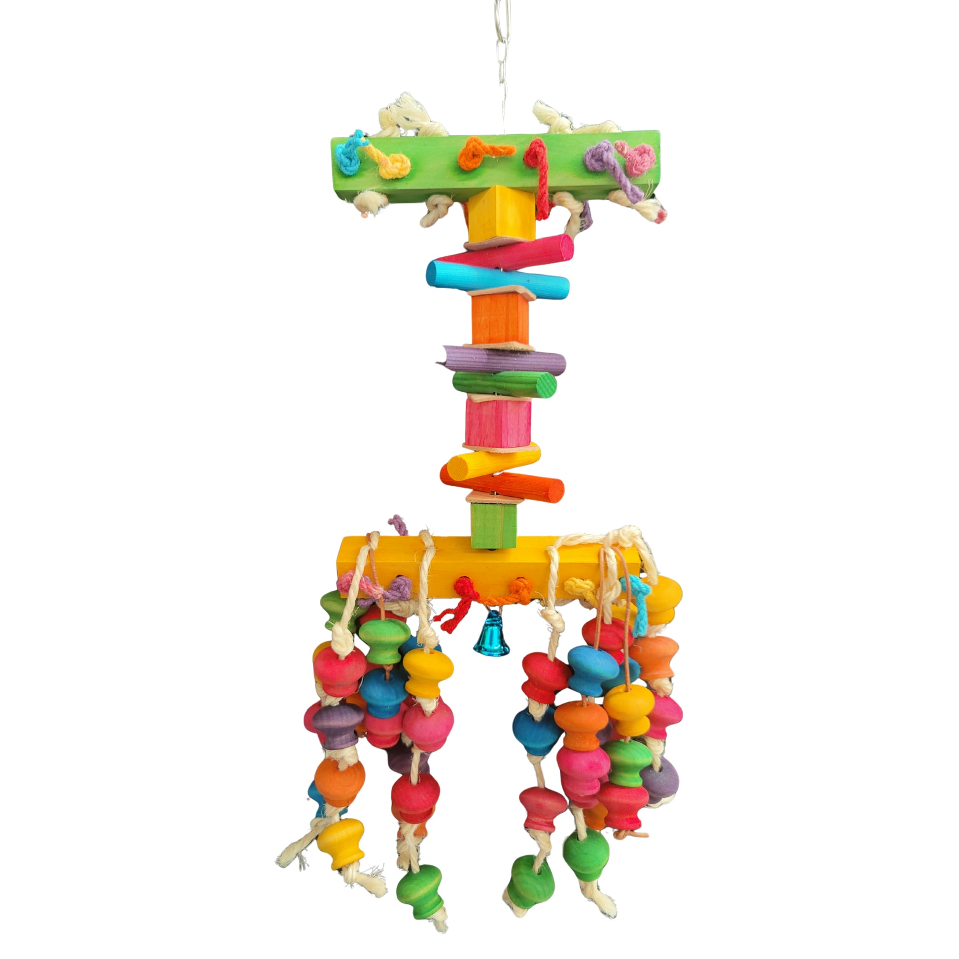 tall and lanky bird toy with lots of coloured wood blocks