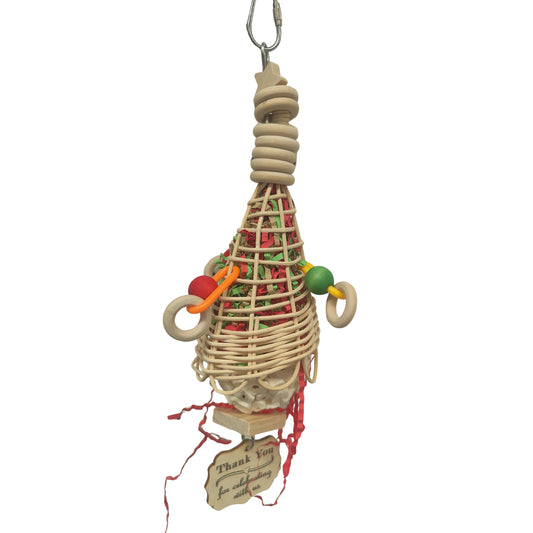 This bird toy has an upside down cone with a wood thank you sign at the bottom