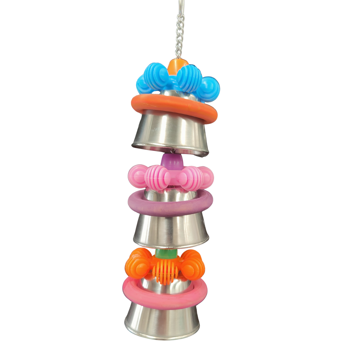 3 beads, 3 rings, 3 plastic flowers, 3 stainless steel cups turned upside down to make this bird toy